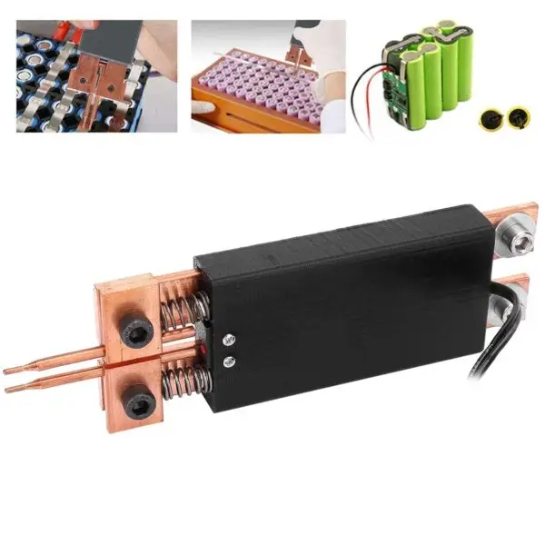 Full package contents of the Gopimer Spot Welding Gun, including copper electrodes, hex key, power cable, and extra welding tips.